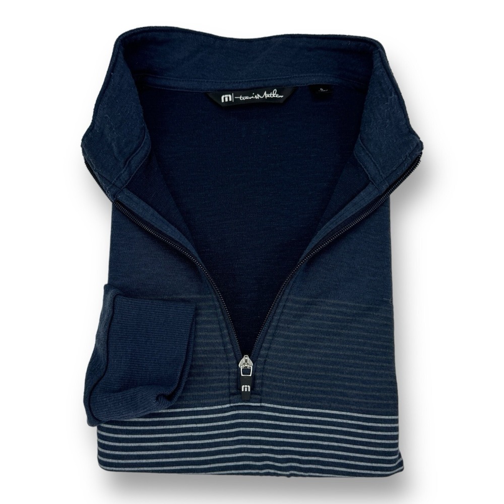 Travis Mathew Blue w/ Gray Stripe 1/4 Zip Polyester Cotton Golf Sweater Mens S